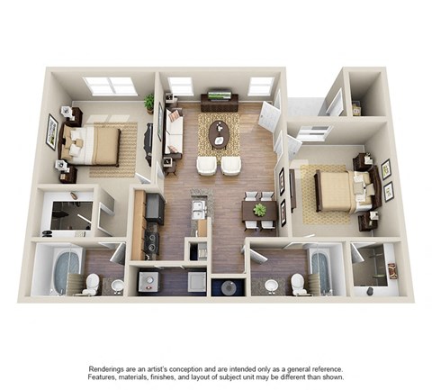 Floor plan for 2 beds, 2 baths, 985 sqft